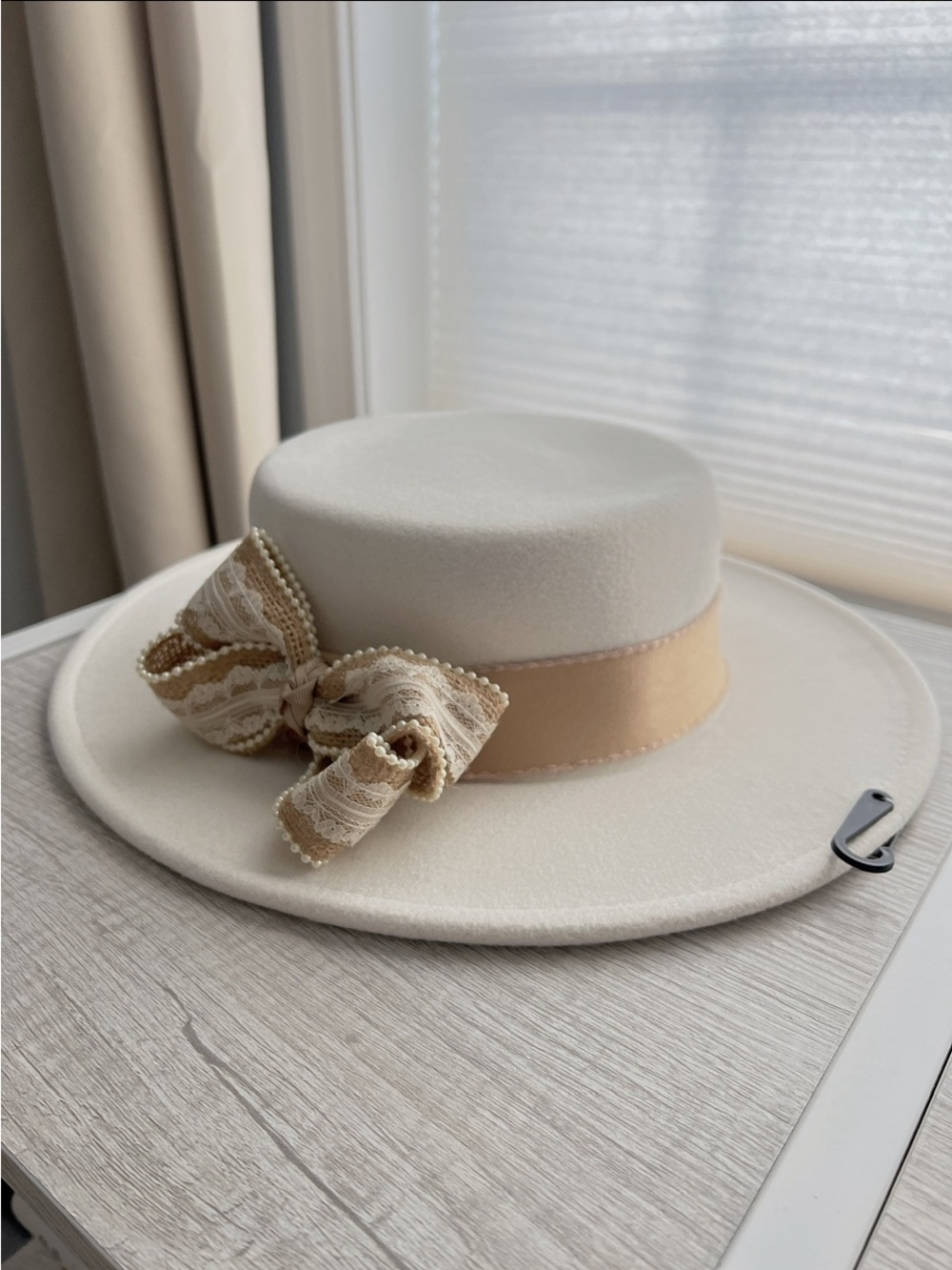 Ivory Wide-Brim Wool Felt Hat with Beige Lace Bow